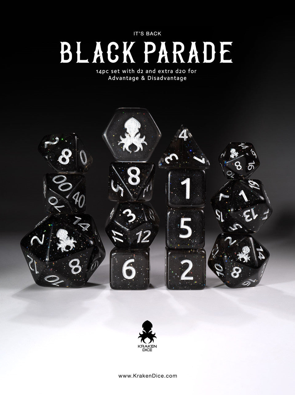 Black Parade Resurrection 14pc Rainbow Glitter Dice Set with Silver Ink